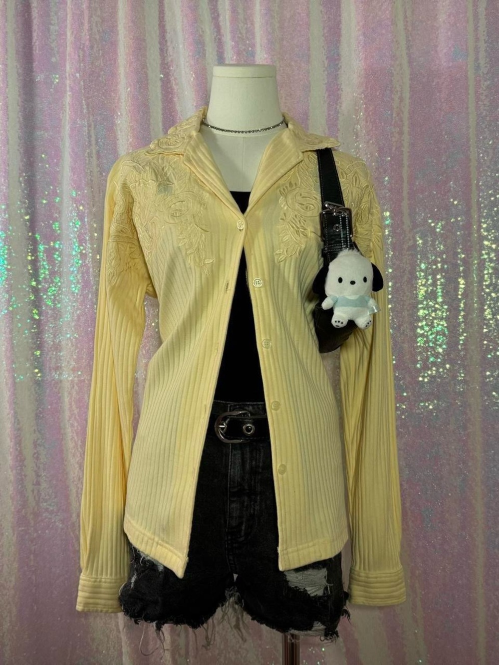 Together Pastel Yellow Ribbed Embroidered Floral Button-Up Shirt Blouse ★彡